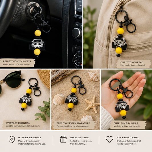 Grey and Yellow Jeep Beaded Keychain | Cute Jeep Lover Accessory | Handmade Silicone Bead Key Ring