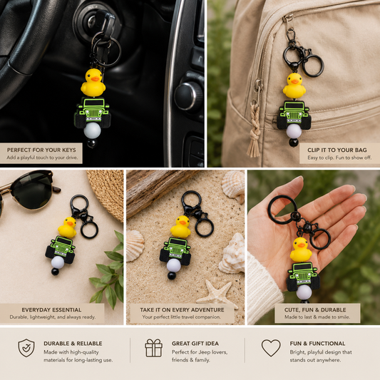 Green & White Bead with Duck & Jeep Beaded Keychain | Cute Jeep Lover Accessory | Handmade Silicone Bead Key Ring