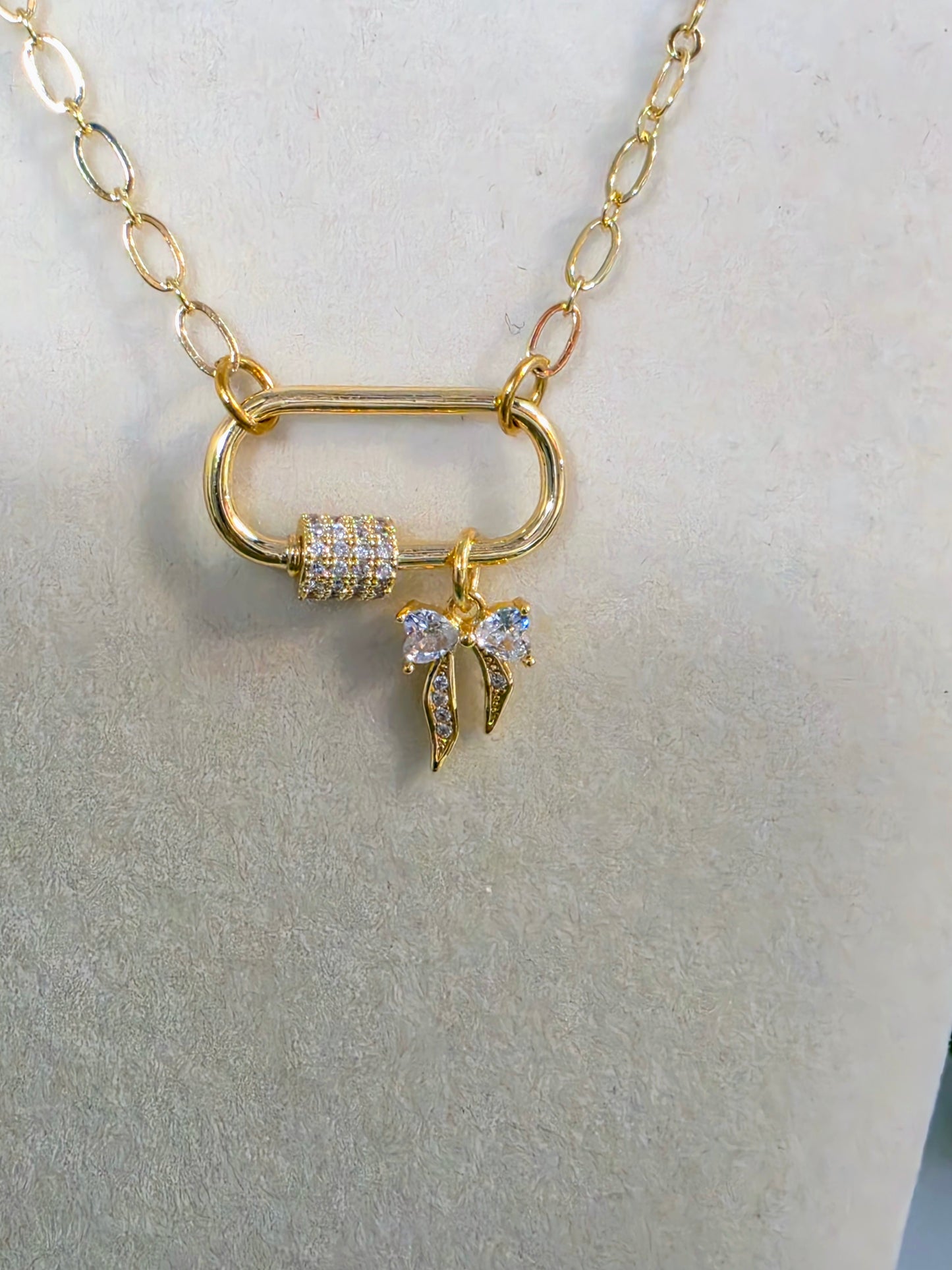 Christie 16" Gold Carabiner Necklace with Bow Charm | Gold Charm Necklace