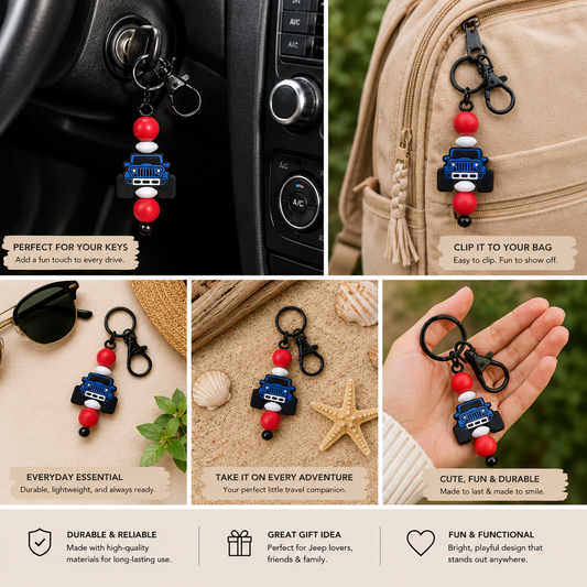 Blue and red Jeep Beaded Keychain | Cute Jeep Lover Accessory | Handmade Silicone Bead Key Ring