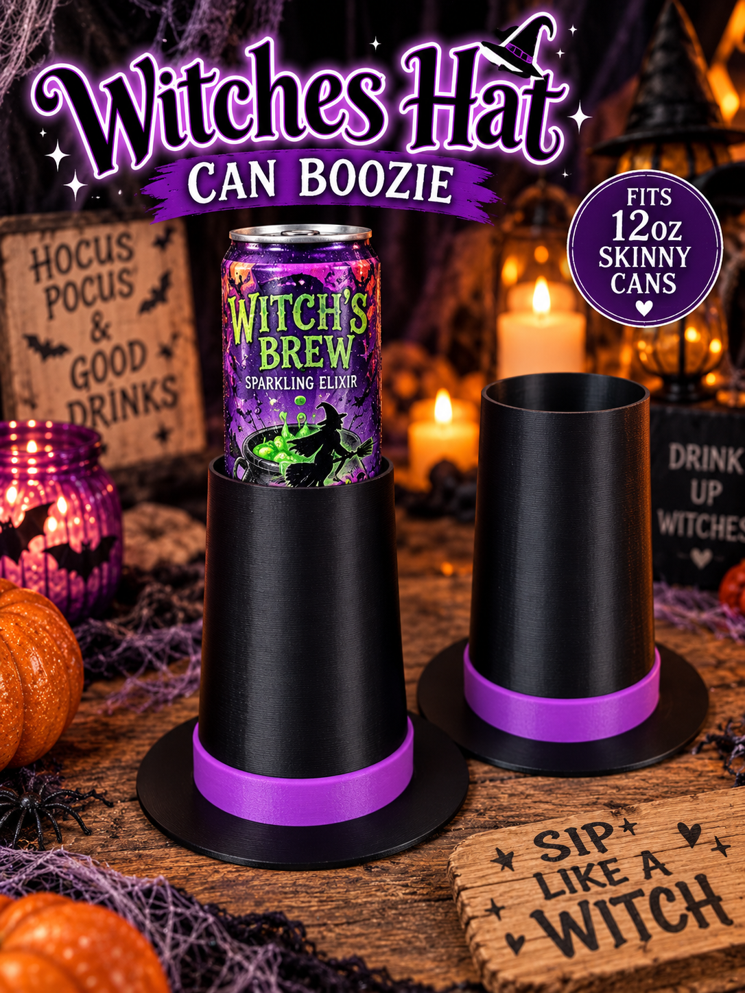 3D Printed Witch Hat SKINNY 12oz Can Holder | Halloween Cup Holder