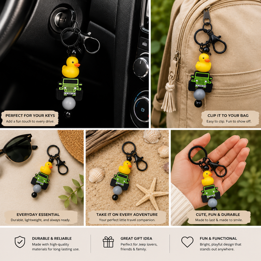 Green and Grey Bead with Duck & Jeep Beaded Keychain | Cute Jeep Lover Accessory | Handmade Silicone Bead Key Ring