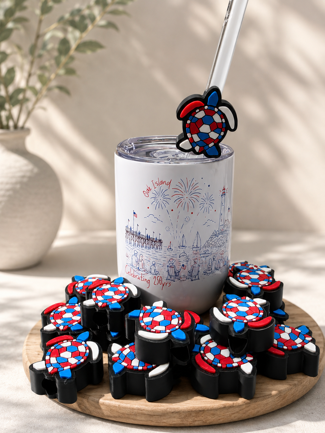 Patriotic Sea Turtle Straw Topper | 3D Printed Red, White & Blue Tumbler Accessory (TUMBLER NOT INCLUDED)