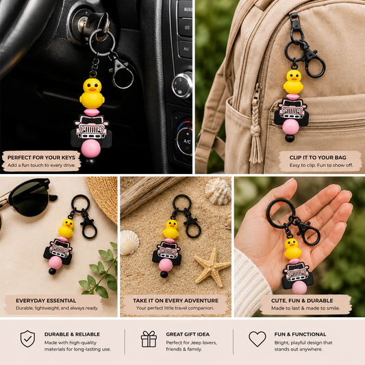Pink Bead with Duck & Jeep Beaded Keychain | Cute Jeep Lover Accessory | Handmade Silicone Bead Key Ring