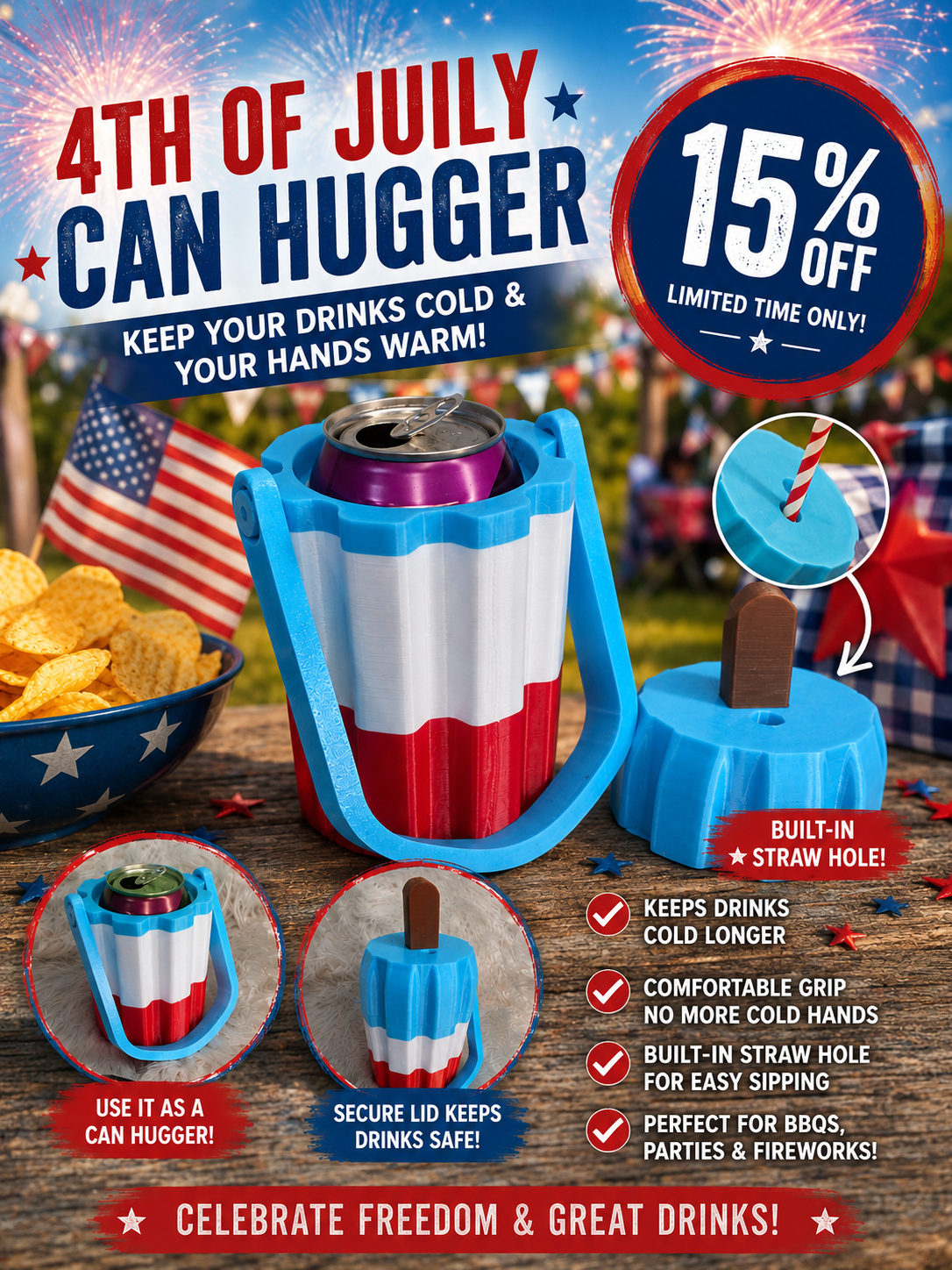 Patriotic Rocket Pop Can Hugger with Lid | 3D Printed Drink Cooler