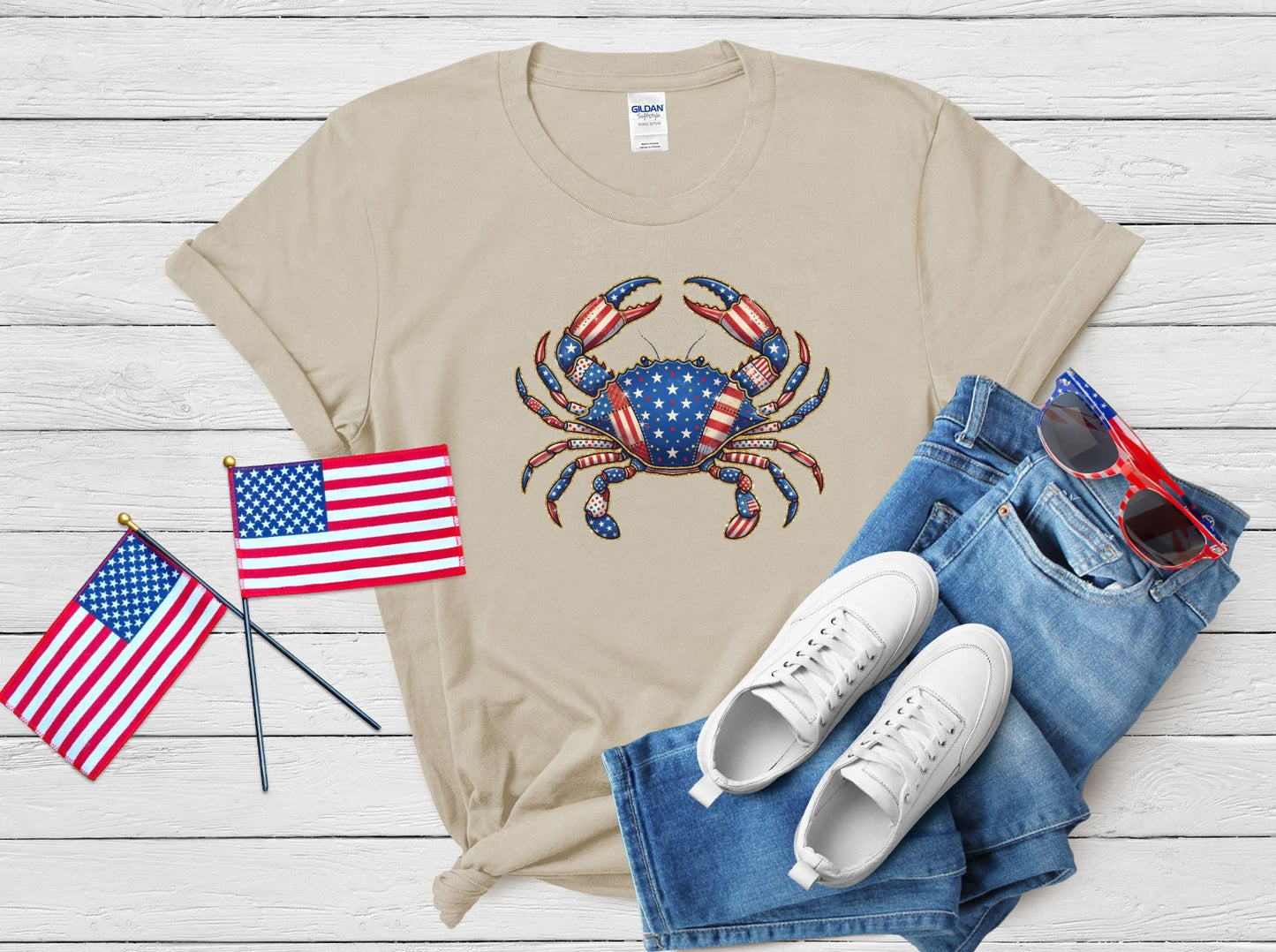 Patriotic Crab Graphic Tee | Coastal American Flag Shirt