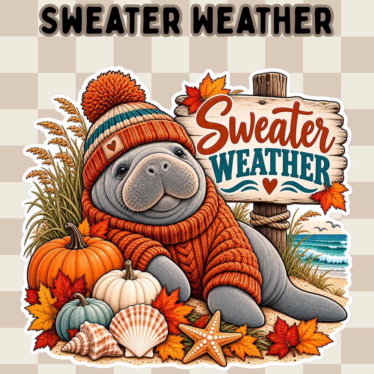 Sweater Weather Manatee Sticker | Cute Fall Coastal Beach Sticker
