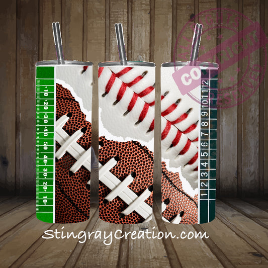 Football and Baseball 20oz Skinny Tumbler with Straw | Sports Lover Gift
