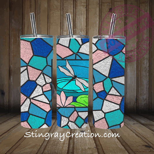 Dragonfly Stained Glass Tumbler | Blue Mosaic Dragonfly Insulated Cup