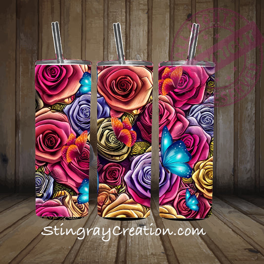 Colorful Rose & Butterfly 20oz Skinny Tumbler | Floral Stainless Steel Travel Cup
