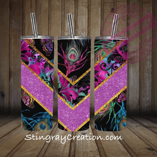 Pink Glitter Peacock Feather Tumbler | Butterfly and Boho Insulated Cup