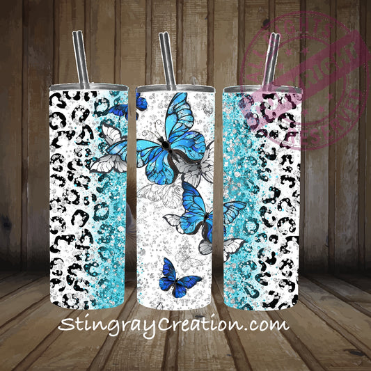 Blue Butterfly Leopard Print 20oz Skinny Tumbler | Glitter Butterfly Stainless Steel Cup with Straw