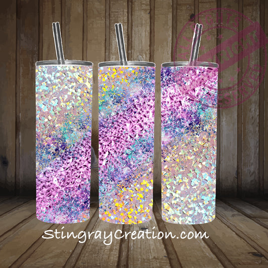 Pink faux fur Holographic Glitter 20oz Skinny Tumbler | Iridescent Stainless-Steel Cup with Straw