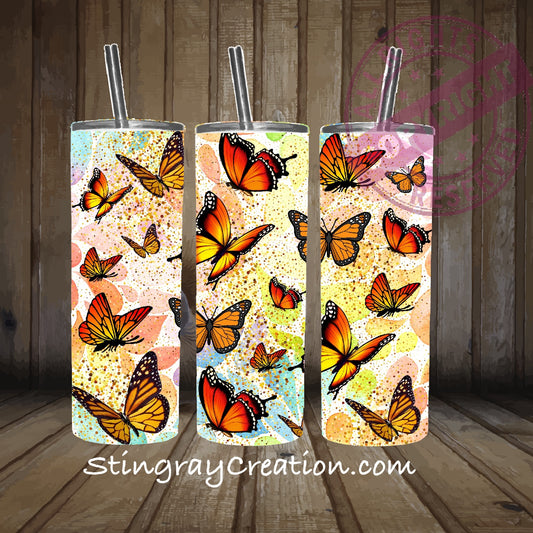 Monarch Butterfly 20oz Skinny Tumbler | Colorful Butterfly Stainless Steel Cup with Straw