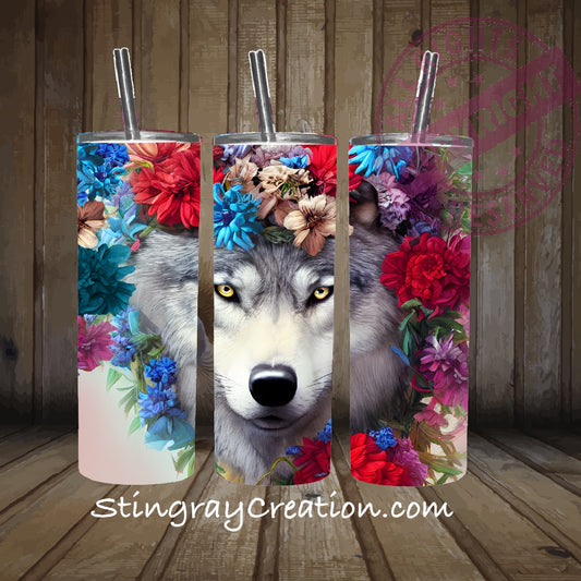 Wolf Floral 20oz Skinny Tumbler | Wolf Lover Stainless Steel Tumbler | Nature Wildlife Gift