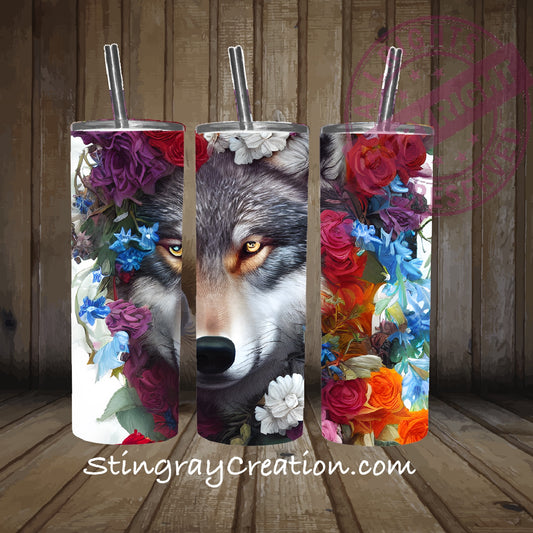 Floral Wolf 20oz Skinny Tumbler | Wolf Lover Gift | Stainless Steel Insulated Travel Cup