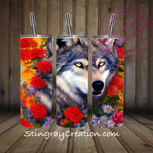 Floral Wolf 20oz Skinny Tumbler | Wolf Lover Stainless Steel Tumbler | Wildlife Nature Gift