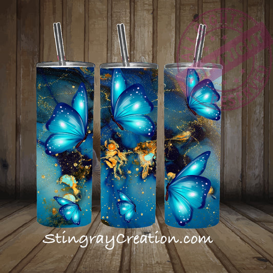 Blue Butterfly 20oz Skinny Tumbler | Blue Marble Butterfly Stainless Steel Insulated Travel Cup | Butterfly Gift for Her