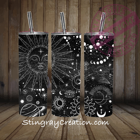 Celestial Sun Moon 20oz Skinny Tumbler | Astrology Stainless Steel Travel Cup | Cosmic Celestial Gift