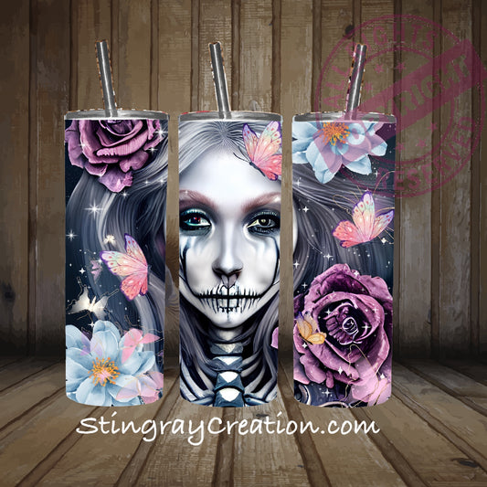 Gothic Sugar Skull Girl 20oz Skinny Tumbler | Floral Skeleton Butterfly Cup
