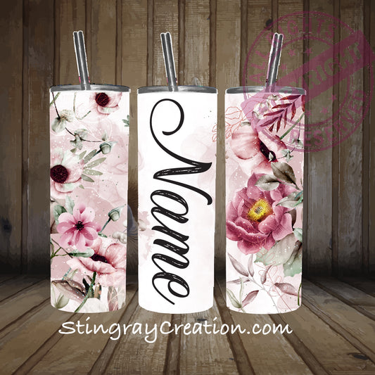Personalized Floral 20oz Skinny Tumbler | Custom Name Stainless Steel Insulated Travel Cup | Pink Watercolor Flowers