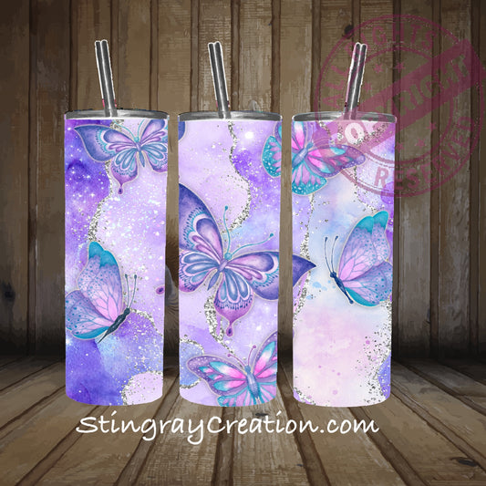 Purple Butterfly 20oz Skinny Tumbler | Glitter Butterfly Stainless Steel Travel Cup | Lavender Butterfly Gift