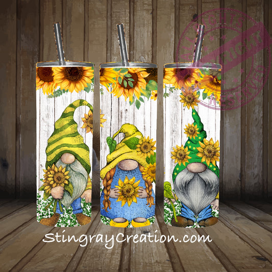 Sunflower Gnome 20oz Skinny Tumbler | Farmhouse Sunflower Stainless Steel Tumbler with Straw