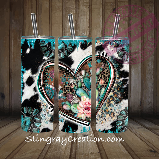 Western Turquoise Cactus Heart 20oz Skinny Tumbler | Cow Print Floral Stainless Steel Cup
