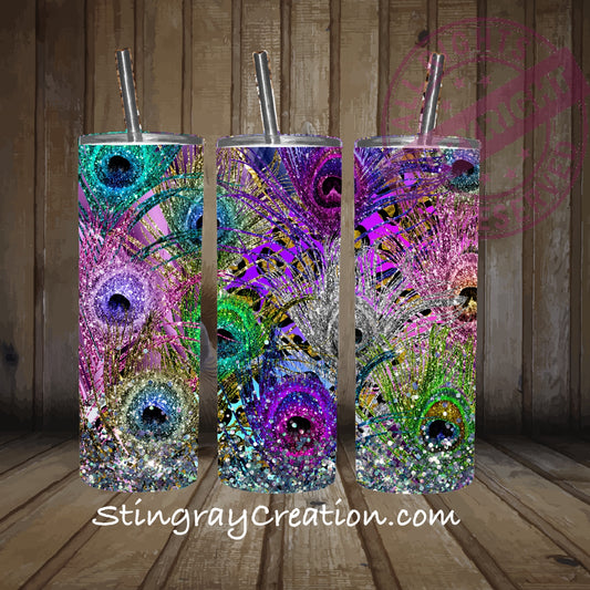 Peacock Feather Glitter 20oz Skinny Tumbler | Colorful Stainless Steel Tumbler with Straw