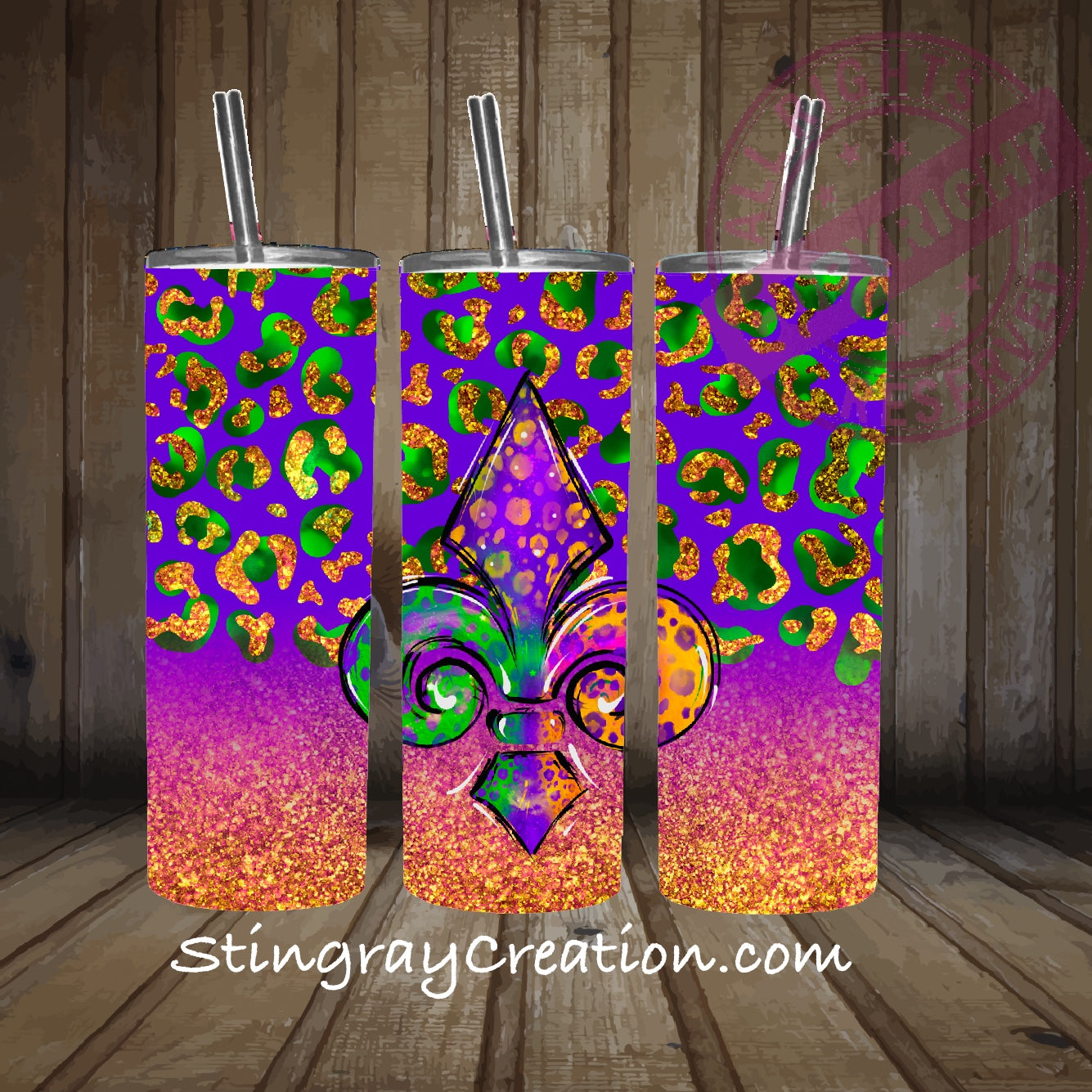 Mardi Gras Fleur de Lis 20oz Skinny Tumbler | Purple Green Gold Glitter Leopard Stainless Steel Travel Cup