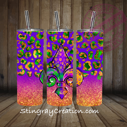 Mardi Gras Fleur de Lis 20oz Skinny Tumbler | Purple Green Gold Glitter Leopard Stainless Steel Travel Cup