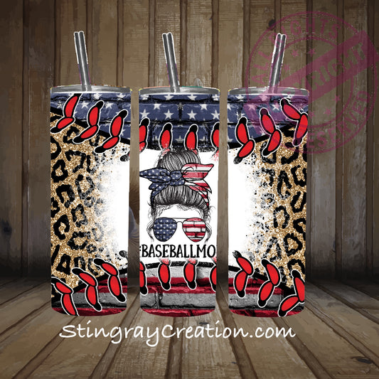 Baseball Mom 20oz Skinny Tumbler | Patriotic Leopard Print Baseball Mom Stainless Steel Cup