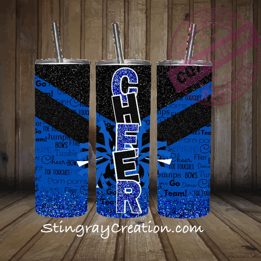 Cheerleader 20oz Skinny Tumbler | Blue Glitter Cheer Cup with Straw