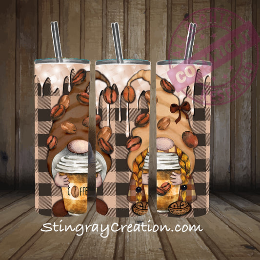 Coffee Lover Gnome 20oz Skinny Tumbler | Buffalo Plaid Coffee Cup Stainless Steel Tumbler