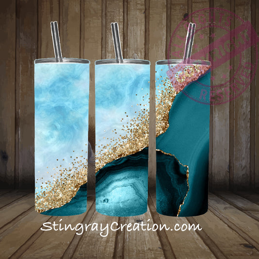 Blue Geode 20oz Skinny Tumbler | Marble Glitter Stainless Steel Cup with Straw