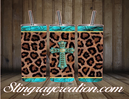 Turquoise Cross Leopard Print Tumbler | Western Christian Insulated Cup with Straw