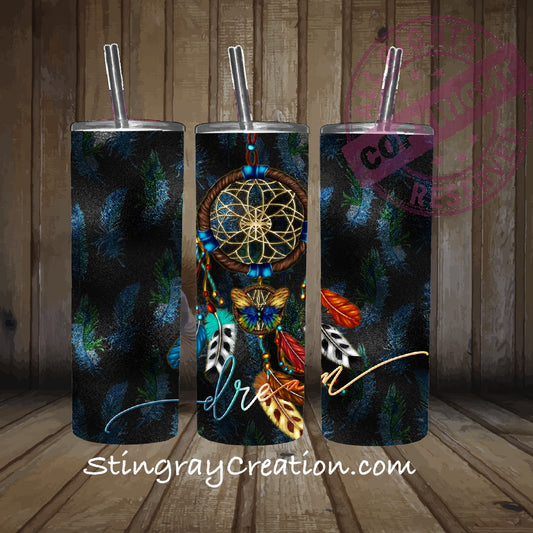 Personalized Dreamcatcher 20oz Skinny Tumbler | Boho Feather Tumbler | Custom Name Stainless Steel Cup