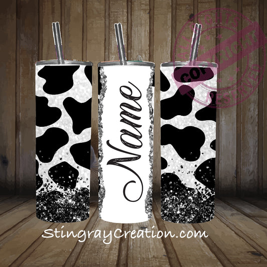 Personalized Cow Print 20oz Skinny Tumbler with Name | Black and White Cow Print Cup