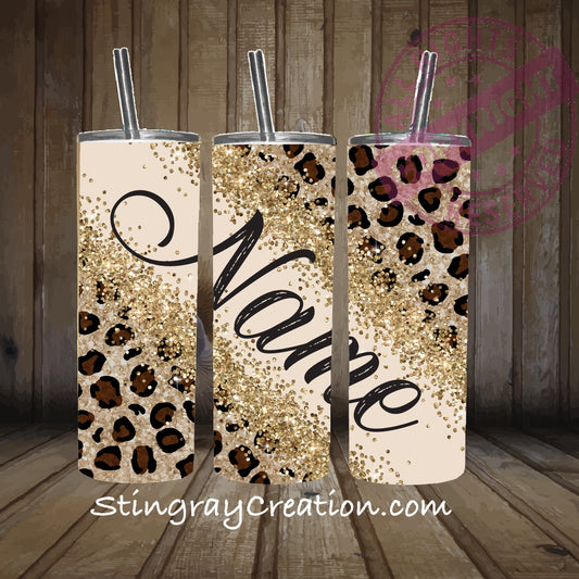 Personalized Leopard Print 20oz Skinny Tumbler | Custom Name Glitter Tumbler | Stainless Steel Travel Cup