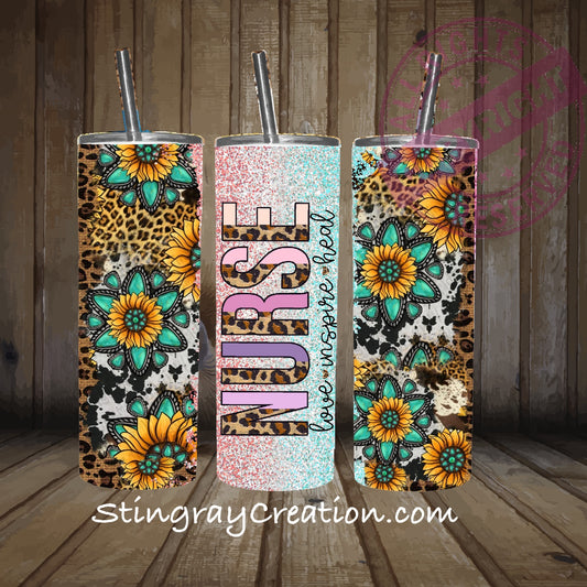 Personalized Nurse Sunflower Leopard Print 20oz Skinny Tumbler | Glitter Nurse Gift