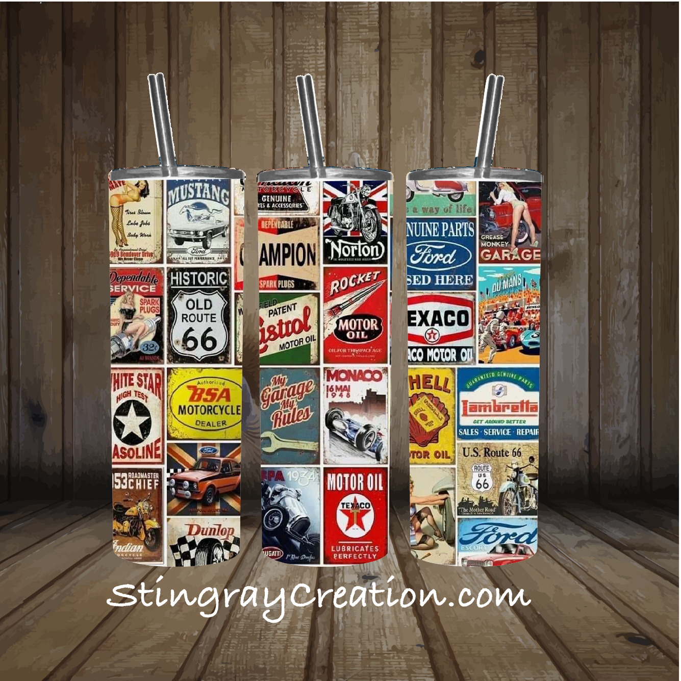 Vintage Garage Signs Tumbler | Retro Route 66 Car & Motorcycle Insulated Cup