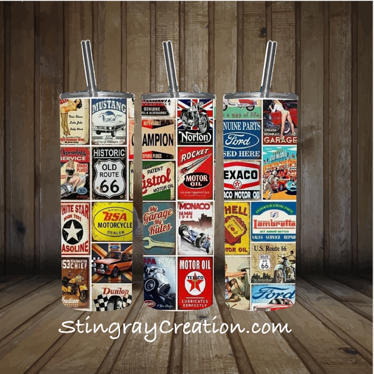 Vintage Garage Signs Tumbler | Retro Route 66 Car & Motorcycle Insulated Cup