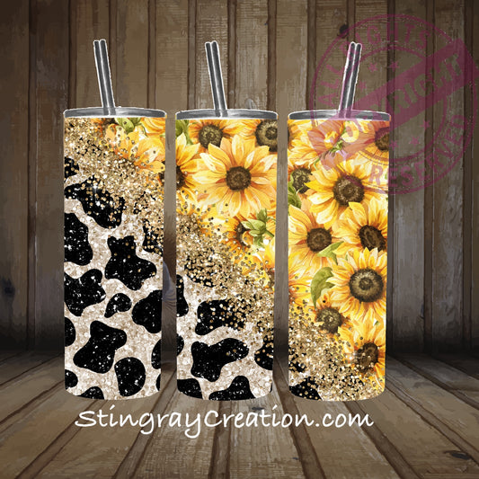 Cow Print & Sunflower 20oz Skinny Tumbler | Western Farmhouse Stainless Steel Travel Cup