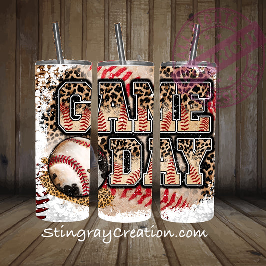 Game Day Baseball 20oz Skinny Tumbler | Leopard Print Baseball Stainless Steel Cup