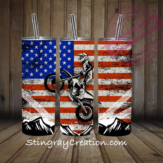 Motocross American Flag 20oz Skinny Tumbler | Dirt Bike Stainless Steel Cup
