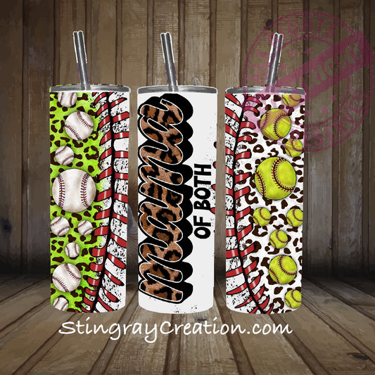 Mama of Both Baseball & Softball 20oz Skinny Tumbler | Leopard Sports Mom Stainless Steel Cup