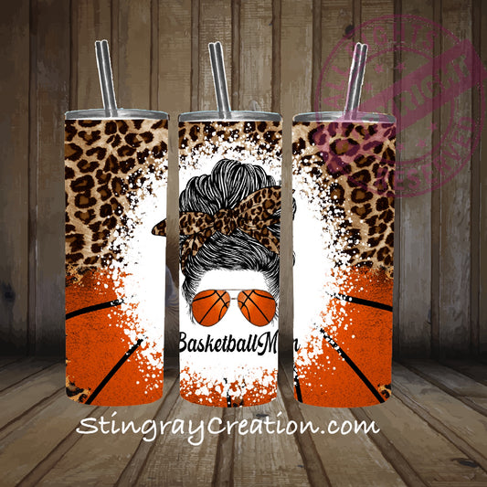 Basketball Mom 20oz Skinny Tumbler | Leopard Print Basketball Stainless Steel Cup with Straw