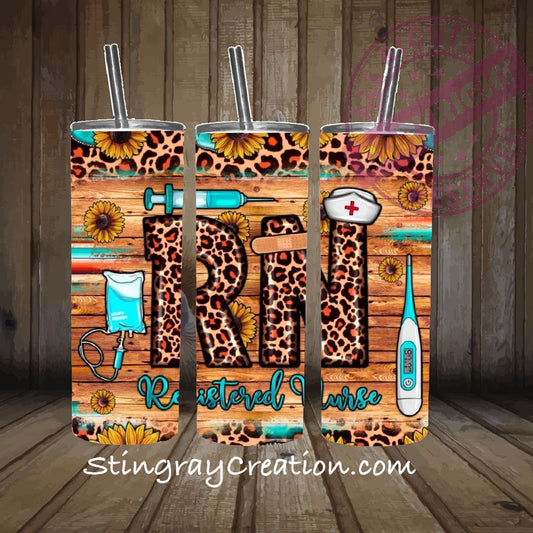 RN Registered Nurse Tumbler | Leopard Print Nurse Gift with Sunflowers