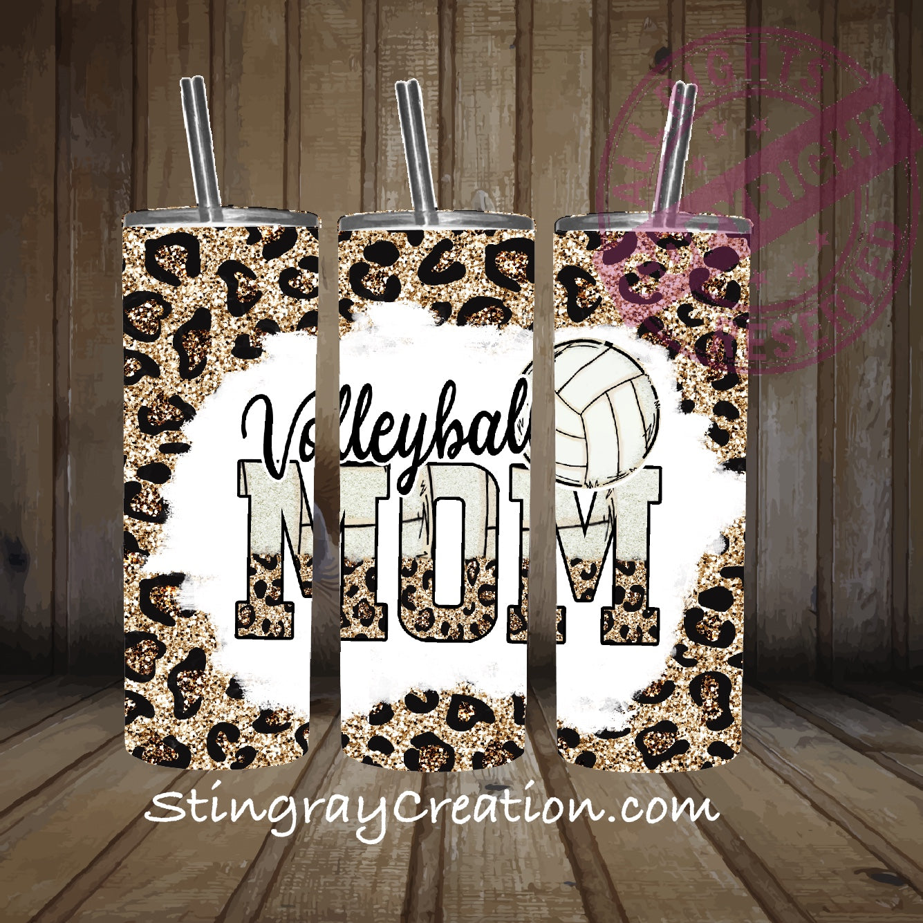 Volleyball Mom 20oz Skinny Tumbler | Leopard Print Glitter Stainless Steel Cup with Straw