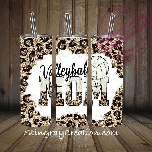 Volleyball Mom 20oz Skinny Tumbler | Leopard Print Glitter Stainless Steel Cup with Straw